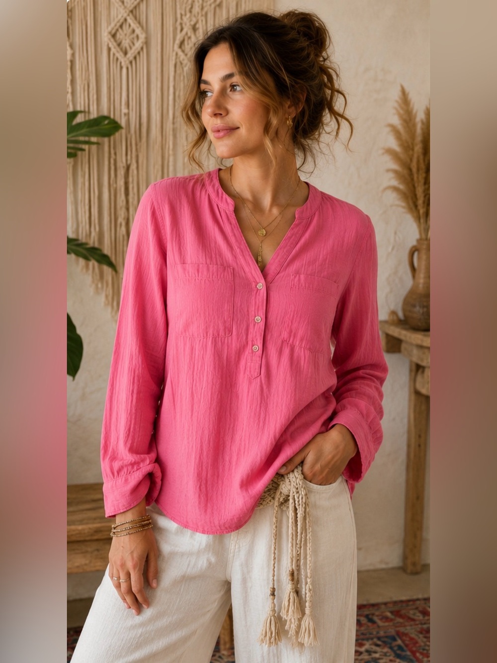 Talbots Petite Bright Pink Crinkle Cotton Gauze Blouse Relaxed Boho Top‎